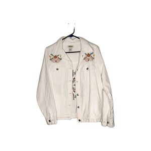 Colkections Inc Womens Medium Denim Jacket Ivory Cream Embroidered Trucker Style